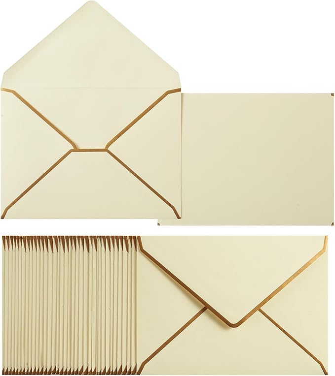 50 Pack A6 Envelopes Cream Color 4x6 with Gold Border, 4.75x6.5 | Self-Adhesive, V Flap, For Wedding, Graduation, Baby Shower, Parties, Invitations