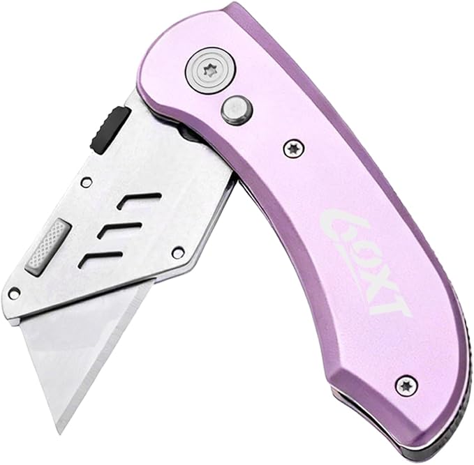 Utility Knife Folding Safety Lock Quick Change with 10 Extra SK5 Replacement Blade Lightweight Aluminum Handle & Pocket Clip Multi-Use Box Cutter Office Home Art Diy Great Gift Choice (New.Pink)