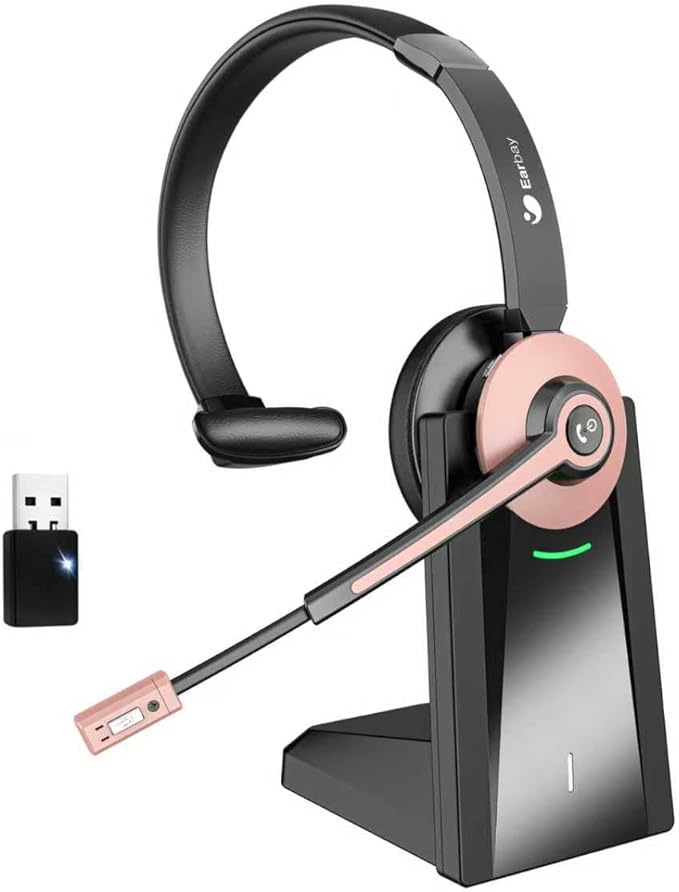 Bluetooth Headset, Wireless Headset with Noise Cancelling Microphone & Mute Function for Work, On Ear Wireless Headphones with USB Dongle & Charging Base for Work from Home Computer Office Call Center