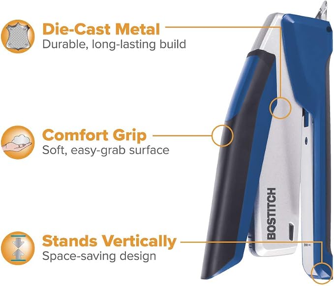 Bostitch Office InPower Spring-Powered Premium Desktop Stapler - One Finger, No Effort, Blue/Silver (1118) (Pack of 5)