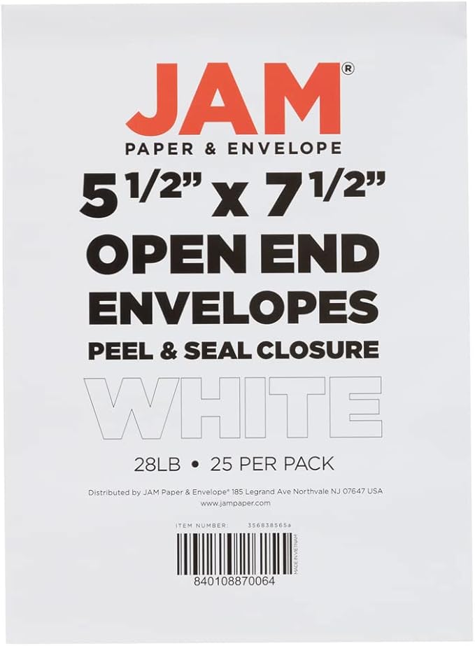 JAM PAPER 5 1/2 x 7 1/2 Open End Catalog Commercial Envelopes with Peel and Seal Closure - White - Bulk 500/Box