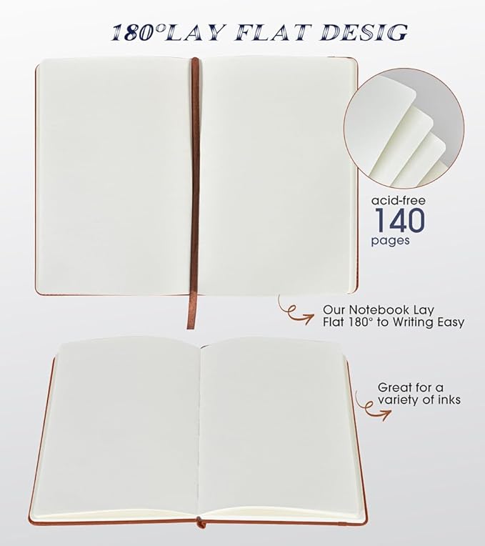 Blank Journal Notebook for Women Men, Hardcover Leather Sketchbook 5.7"×8.3", 140 Pages Unlined Sketch book for Drawing, Writing, Travel, School & Work, Journaling Notebooks (Brown)