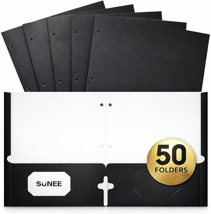 SUNEE Folders with Pockets 3 Hole Punched(50 Pack, Black), 2 Pocket Folders Fit Letter Size Paper, Paper File Folder for School Office Home Business