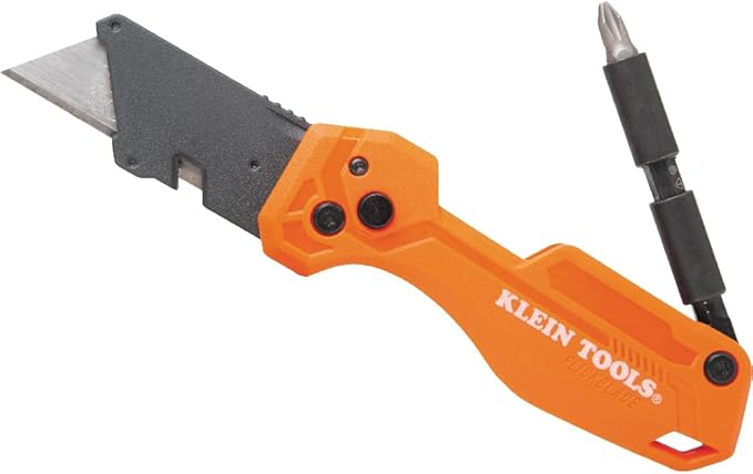 Klein Tools 44304 Folding FLICKBLADE Utility Knife, Compact, Removable Impact Driver, 1/4-Inch Nut Driver and #2 Phillips Bit
