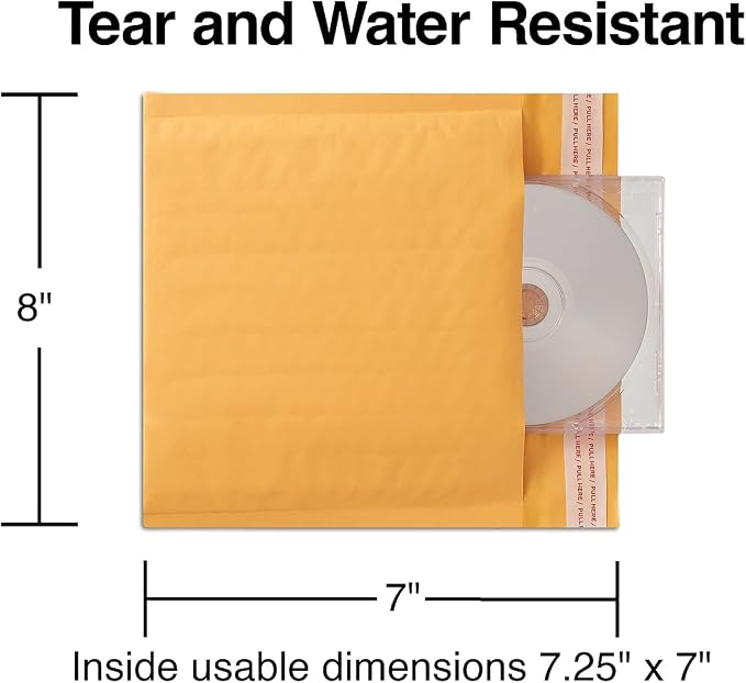 Staples Self-Seal Bubble Cushioned CD/DVD Mailers, 7.25x8 In, 25ct | Kraft cushioned mailers for shipping discs, photos, and small items.