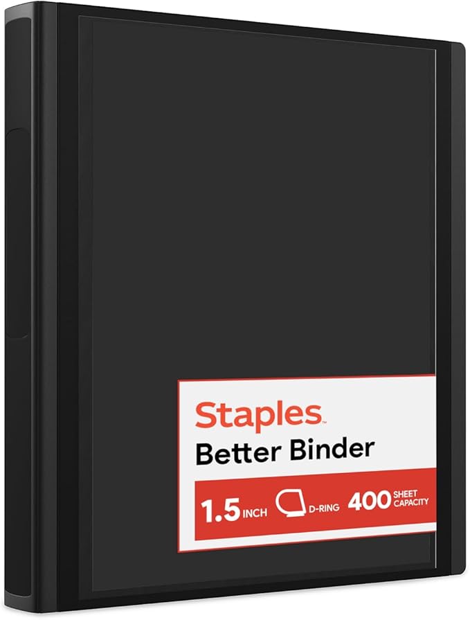 Staples Heavy-Duty 1.5-Inch D-Ring Binder, Black – Large Capacity 3-Ring Binder, Holds Up to 400 Sheets for School & Office