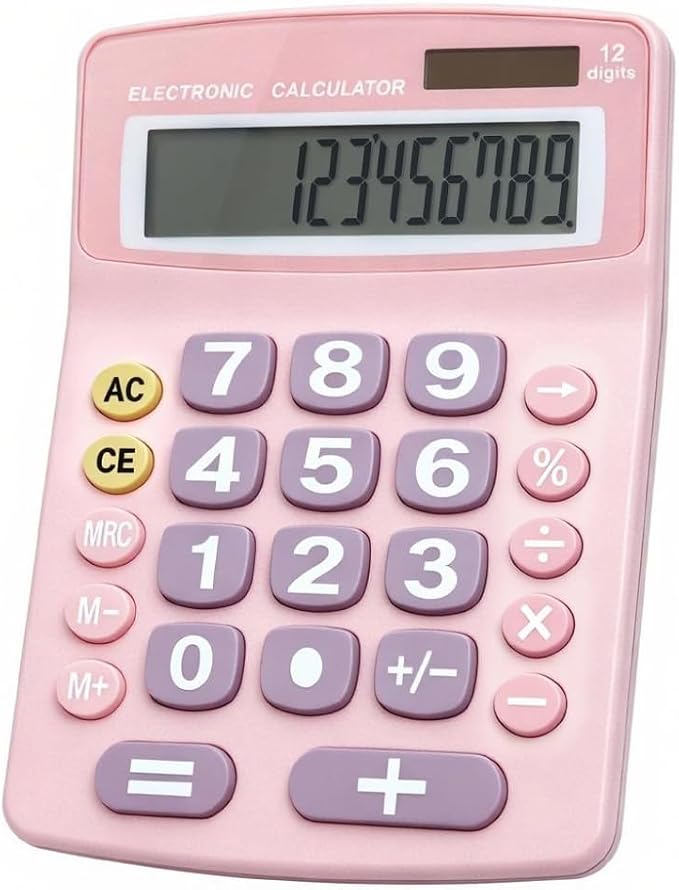Lily' Home Jumbo 12 Digit with Solar Power, Large LCD Display - Desktop Calculator, Dual Power, Large Button Design, Battery Operation, Easy-to-Read Tilted, for Home, Office, School & Business - Pink