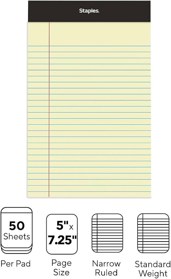 STAPLES TRU RED Legal Pads, 5x8 Inch, Narrow Ruled, Canary, 12-Pack | 50 sheets per pad. Clean-tear pages for notes and everyday writing.