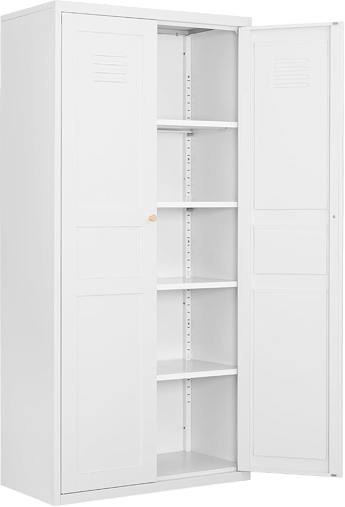 Fesbos Metal Storage Cabinet-71” Tall Steel File Cabinets with Doors and 5 Adjustable Shelves-White Steel Storage Cabinet for Home,Kitchen, School, Office, Garage