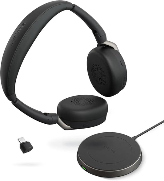 Jabra Evolve2 65 Flex Stereo Headset with Bluetooth, Wireless Charging Pad - Noise-Cancelling ClearVoice Technology & Hybrid Active Noise Cancellation - Certified for Microsoft Teams - Black