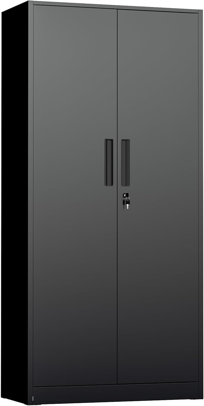 Metal Storage Cabinet with Lock, 72" H Lockable Metal Storage Cabinet with Locking Doors, Steel Storage Lockers with Adjustable Shelves for Office, Home, Garage, Gym, School (Black)