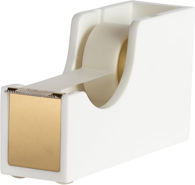 BLU MONACO White and Gold Tape Dispenser | Acrylic Desktop Tape Cutter with Smooth Blade & Weighted Non-Slip Base | Fits Standard & Large Rolls | Cute Desk Accessory for Office & Home