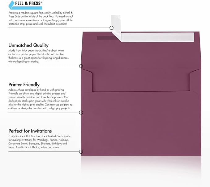 LUXPaper A7 Invitation Envelopes | Peel & Press | 5 1/4" x 7 1/4" | Vintage Plum | 80lb. Text | 1,000 Qty