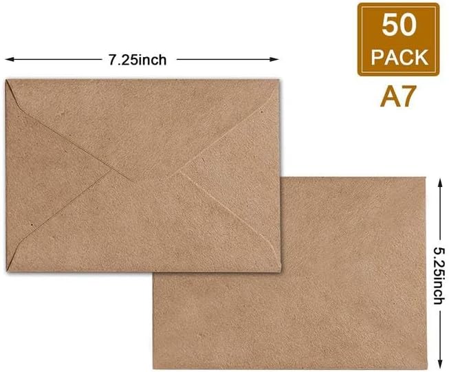 50 Pack Envelopes for Invitation- Brown Kraft Invitation Envelopes Used for Cards Used for Weddings,Invitations, Baby shower, Office (5.25 * 7.25-50pcs)