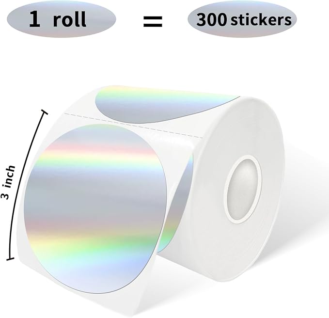 3" Circle Holographic Thermal Label Stickers Silver, Self-Adhesive Circle Direct Thermal Labels, Multi-Purpose Roll Sticker Labels for DIY Logo Design, QR Code, Name Tag（ 300 Labels,1 Roll）