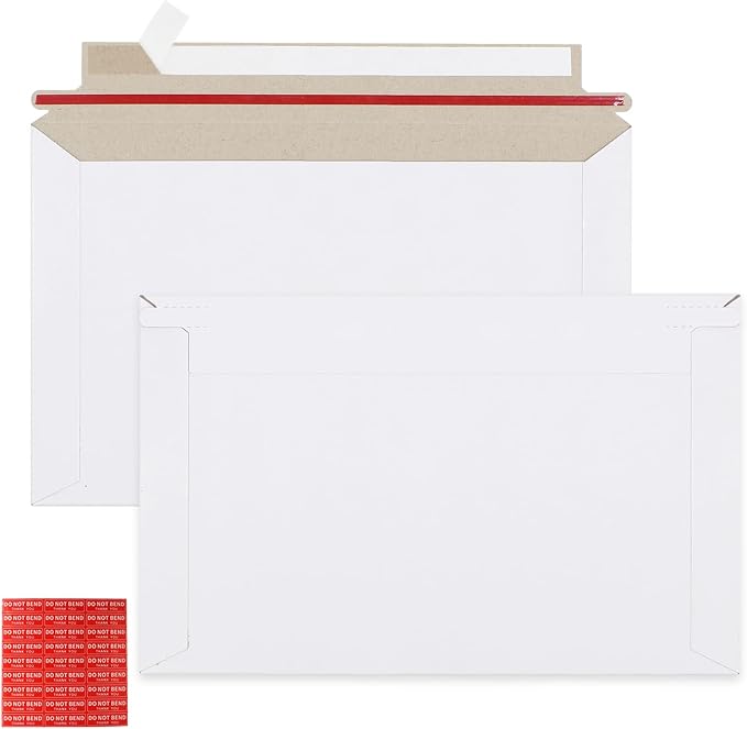 zmybcpack 100 Pack 6.3"x9.8" Rigid Mailer Self Seal Photo Document Mailer | White Stay Flat Cardboard Envelopes, For CD, Photos, Document, Postcard