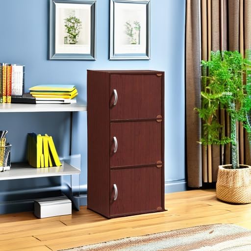 Hodedah 3-Shelf, 3-Door Bookcase in Mahogany
