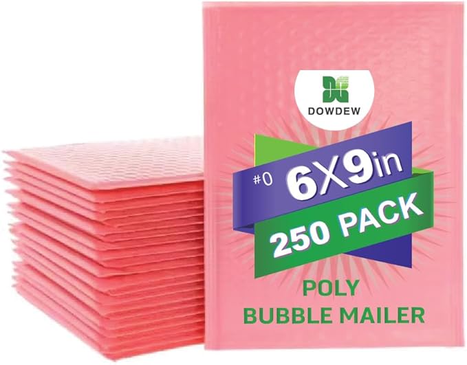 Water Resistant Bubble Envelope Mailers [250 Pack] 6 inch x 9 inch #0 Pink Poly Padded Shipping Envelopes Self Sealing Cushioned Packaging Bags