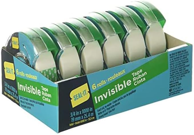 Seal-It Invisible Stationery Tape 3/4 x 1000 Inches On Press N' Cut Dispenser, Pack of 6 Total 6000 Inches, White (62452)