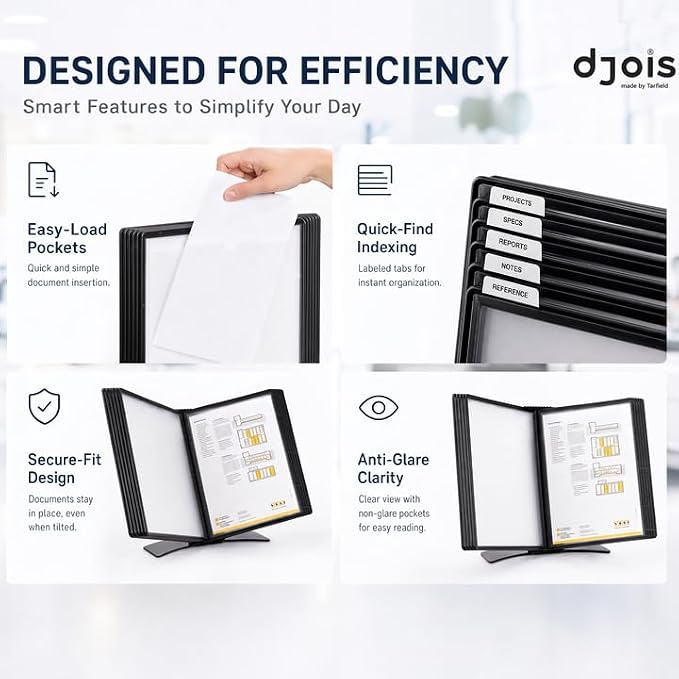Tarifold Desktop Reference System, 10 Pockets with Easy-Load Design, Black | 10 Double-Sided Pockets, Holds 20 Letter-Size Sheets, Sturdy Metal Base, Quick and Easy to Assemble