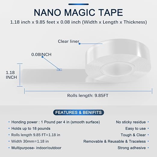 SANKEMU Double-Sided Tape Heavy Duty 9.84 FT x 1.18 in – Clear Removable Mounting Tape for Walls, Carpet, Rugs, Posters – Reusable, No-Residue, Indoor/Outdoor Nano Gel Grip (Pack of 2)