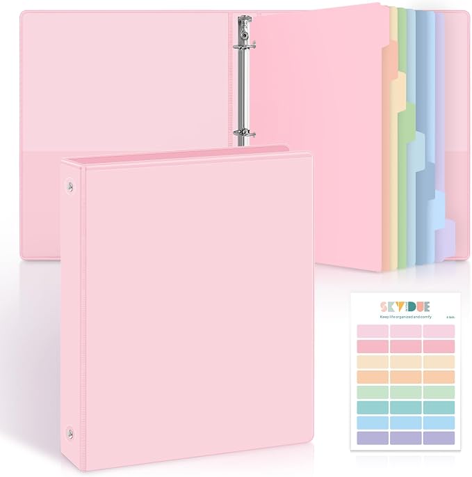 SKYDUE 1 Inch 3 Ring Binder with 8 Tab Dividers & 24 Labels, Pastel Binder Organizer for Letter Size Paper, Aesthetic School Binder for Notes, Documents, Office & Home Organization, Pink