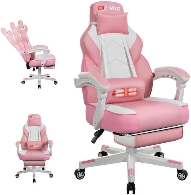 Video Gaming Chairs for Adults, Gamer Chair with Footrest, High Back, Big and Tall Gamer Chair‘s with Massage Lumbar Support, 360° Swivel Height Adjustable Computer Chaires, Pink