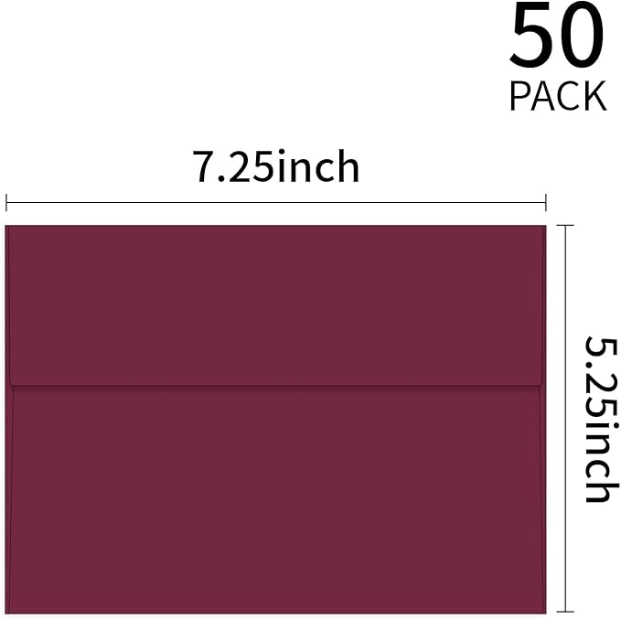 YINUOYOUJIA 50 Packs of A7 envelopes for invitation, 5x7 envelopes for Cards-Self Seal, Square Flap,Great for Wedding, Baby Shower, Mailing, Birthday Party (Burgundy)