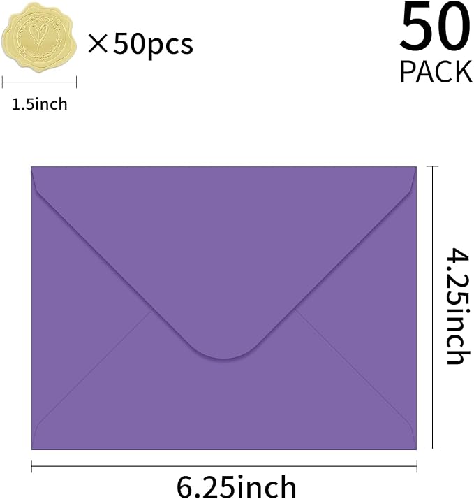 YINUOYOUJIA 4x6 Envelopes A4 Envelopes for Invitations(50, Violet) | Golden Stickers with Envelopes,Self Seal,for Wedding, Invitations, Photos, Postcards, Greeting Cards, Mailing