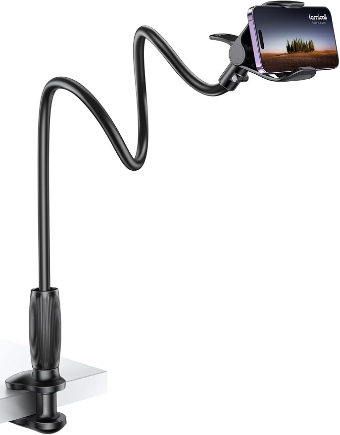Lamicall Gooseneck Phone Holder for Bed, Stable Flexible Arm Stand for Desk | Upgraded Al-Mg Alloy Core, Secure Clamp Base, 33.4" Long Arm, Hands-Free Viewing, Bedside & Desk Use, Fits 4-7" Phones, Black