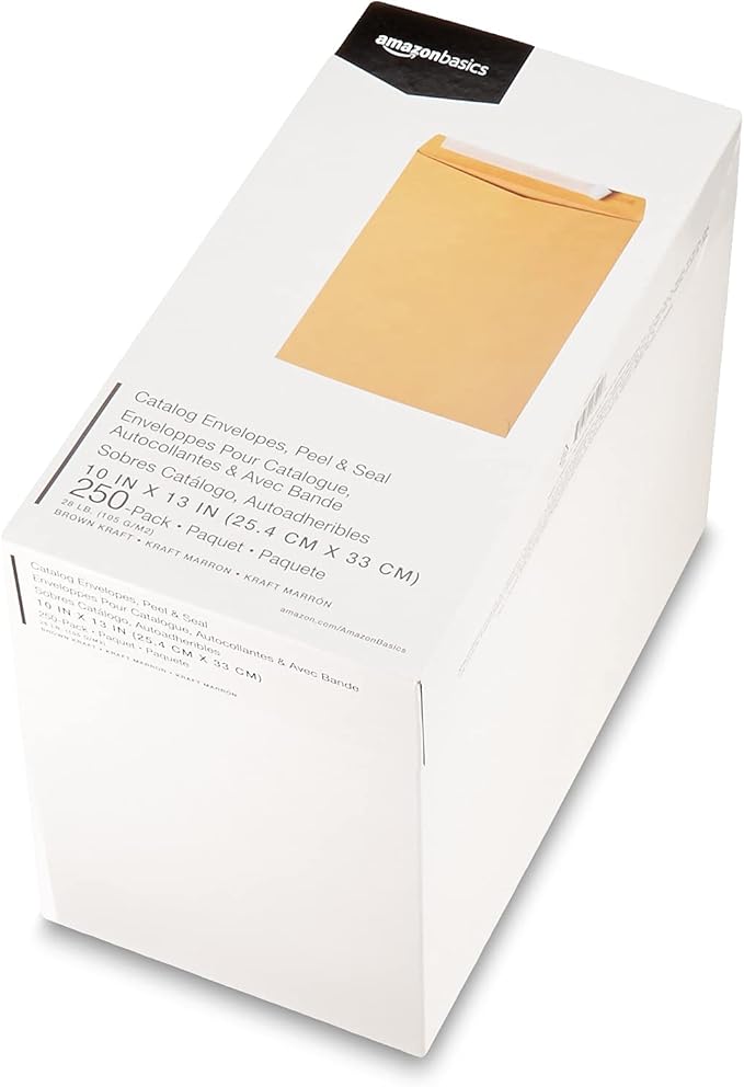 Amazon Basics Catalog Mailing Envelopes,Peel and Seal,10x13 Inch,Brown Kraft,250 Count (Pack of 2)