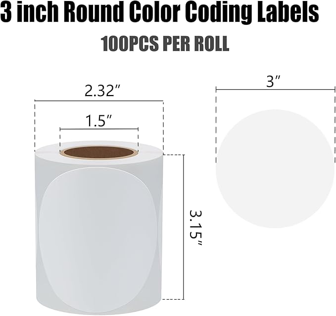 Hybsk White Permanent Color-Code Dot Stickers Round Semi Gloss Paper Stickers Adhesive Label (3 inch)