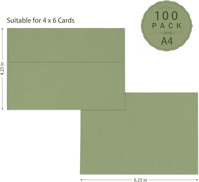 100 Pack A4 Sage Green Envelopes 4x6, Goefun 4.25 x 6.25 Printable Greeting Card Envelopes Self Seal for 4x6 Cards, Photos, Invitations, Weddings, Graduation, Baby Shower, 120 GSM