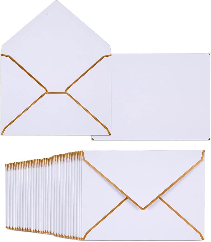 50 Pack A4 Envelopes White 4x6 with Gold Border, 4.25x6.25 | Self-Adhesive, V Flap, For Wedding, Graduation, Baby Shower, Parties, Invitations