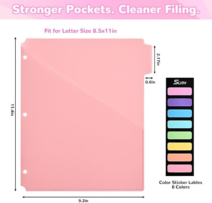 SUIN 5-Tab Binder Dividers with Pockets - Heavy Duty Plastic Dividers for 3 Ring Binder, Letter Size Poly Page Separators with Tabs & Label Stickers, Diamond Texture, 5 Pastel Colors, 12-Pack