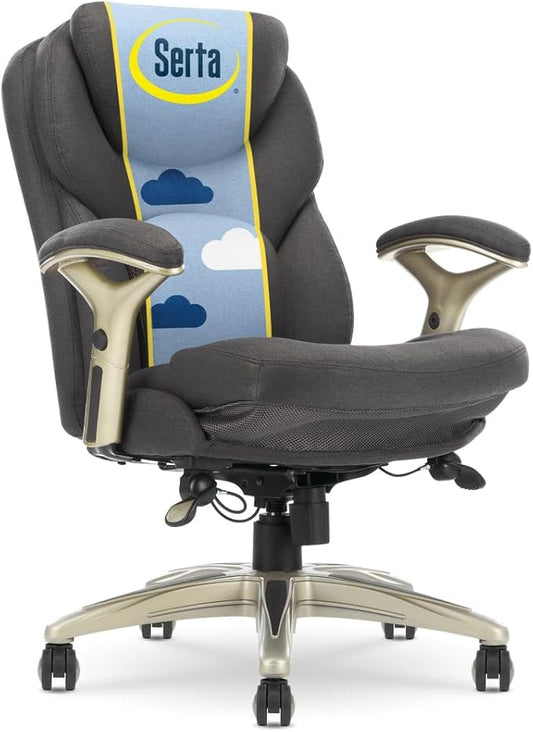 Serta Claremont Executive Office Chair with Back-In-Motion Technology, Ergonomic Mid-Back with Pivot Lumbar Support and Seat, Plush Cushion, Body Pillows, Adjustable Arms, Dark Gray Fabric