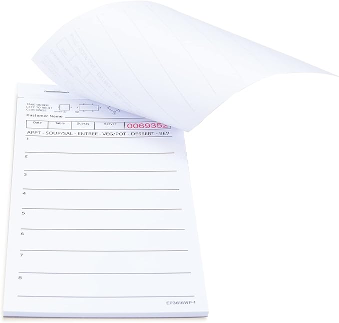 DGBDPACK Guest Check Pads EP-3616WP-1 (10 Pads), Total 500 Sheets White Waitress Notepad, Server Order Pads for Restaurant | 3.5 x 6.75 Inches Standard Size Perfect for Cafe, Restaurant, Food Truck & Takeout Business