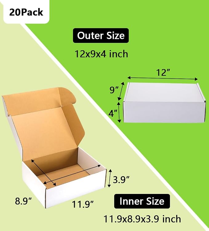 12x9x4 inches Shipping Boxes 20 Pack,TUKYLIL White Corrugated Cardboard Box,Mailer carton for Packaging Small Business,Gifts,Craft,Jewelry,daily supplies