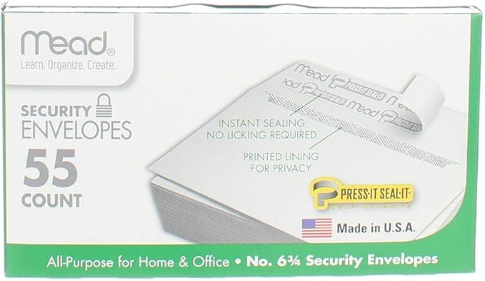 Mead Press-It Seal-It #6 3/4 Security Envelopes, 55 Count (75030)
