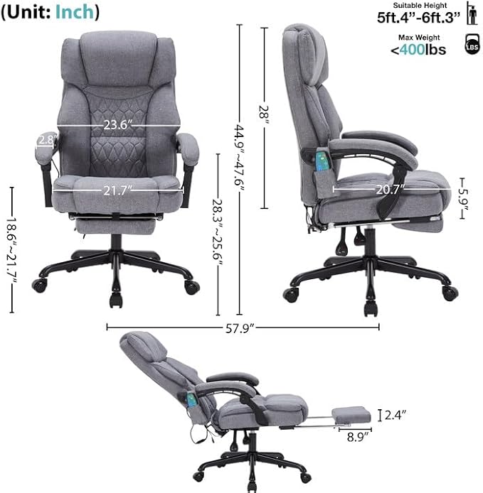 Massage Office Chair with Heat,Reclining Office Chair with Foot Rest,6 Points Vibration Home Desk Chairs for Heavy People 400lbs,Ergonomic Managerial Executive Chair (Grey)