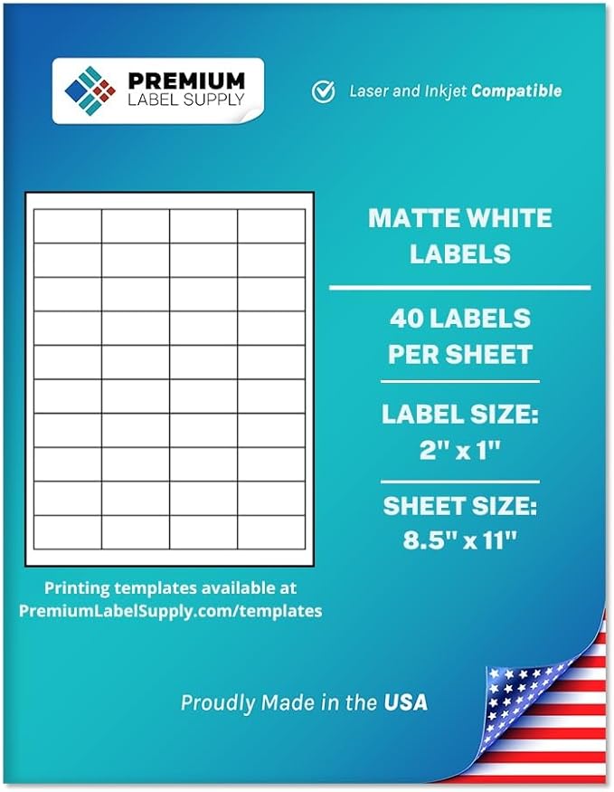Premium Label Supply White Sticker Barcode Labels – 2" x 1" – Laser/Inkjet Compatible – (40 per Sheet), 500 Sheets – 20,000 Total Adhesive Labels