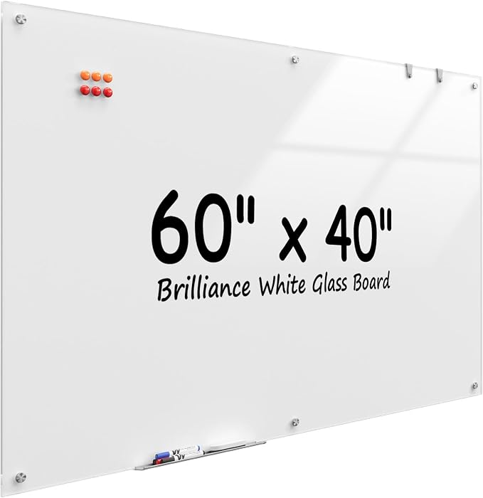 MaxGear 60" x 40" Glass Whiteboard Wall Mounted for Office Home Classroom | Magnetic Glass Dry Erase Board, Tempered Glass, Steel Backed, Non-Porous Surface, Frameless Design, Hardware Included