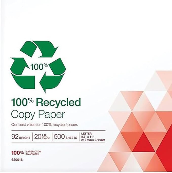 Staples 100% Recycled 8.5-Inch x 11-Inch Copy Paper 20 lbs 92B 500/Ream 10 Ream/Count, For Office, School & Home