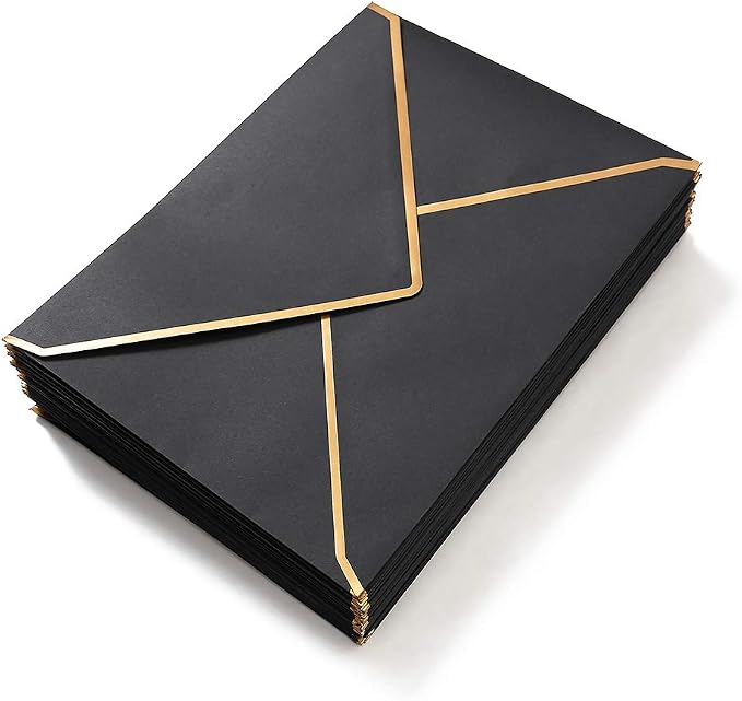 100 Pack A7 Envelopes 5x7 Black Gold Border 5.32x7.28 Inches | With Gold Stickers, For Wedding Gift Cards, Invitations, Graduation, Baby Shower