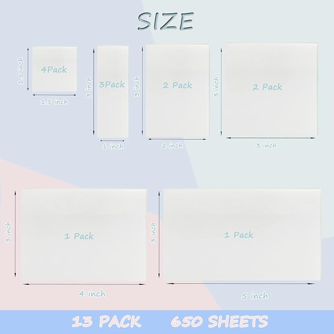 Transparent Sticky Notes 650 Sheets, Clear Sticky Notes, See Through Invisible Translucent Sticky Note for School, Office 13 Packs, (1.5"x1.5", 3"x1", 3"x2", 3"x3", 3"x4",3"x5")