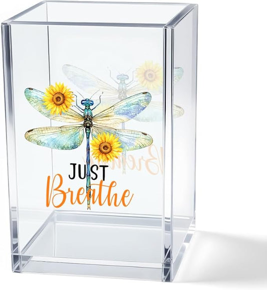 Just Breathe Acrylic Cosmetic Pencil Pen Holder Cup, Inspirational Dragonfly Desk Organizer Accessories for Home Office Decor, Motivational Encouragement Gifts for Women Girl Coworker Teacher