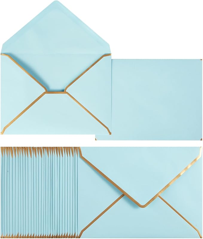 100 Pack A7 Envelopes 5 x 7 Card Envelopes V Flap with Gold Border for Office, Wedding Gift Cards, Invitations, Graduation, Baby Shower, Parties (Light Blue, 5.32 x 7.28 Inches)