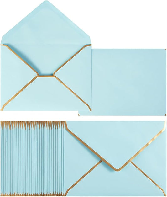 100 Pack A7 Envelopes 5 x 7 Card Envelopes V Flap with Gold Border for Office, Wedding Gift Cards, Invitations, Graduation, Baby Shower, Parties (Light Blue, 5.32 x 7.28 Inches)