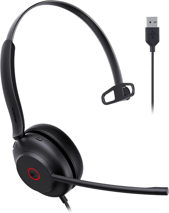 Yealink UH35 Wired Headset, USB-A, AI Noise Canceling Mic,HD Audio, On-Ear | Teams/Zoom Certified, Single-ear Headphones with 2-Microphones, Play&Plug for PC/Phone, Work,Calls,Online Meeting,5.6ft Cable