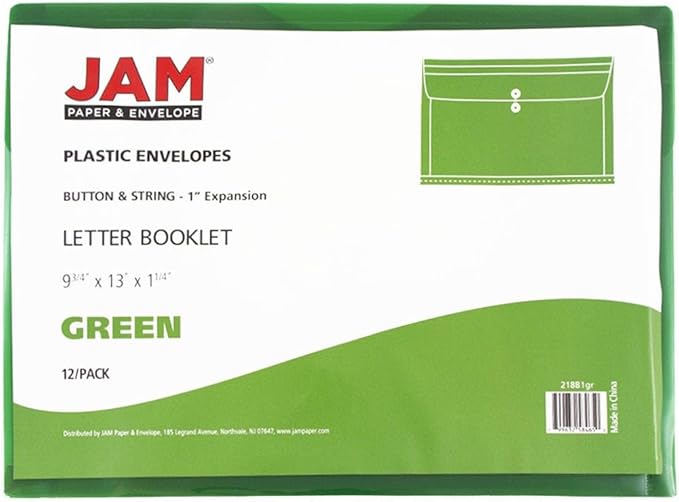 JAM PAPER Plastic Envelopes with Button & String Tie Closure - Letter Booklet - 9 3/4 x 13 - Green - 3/Pack